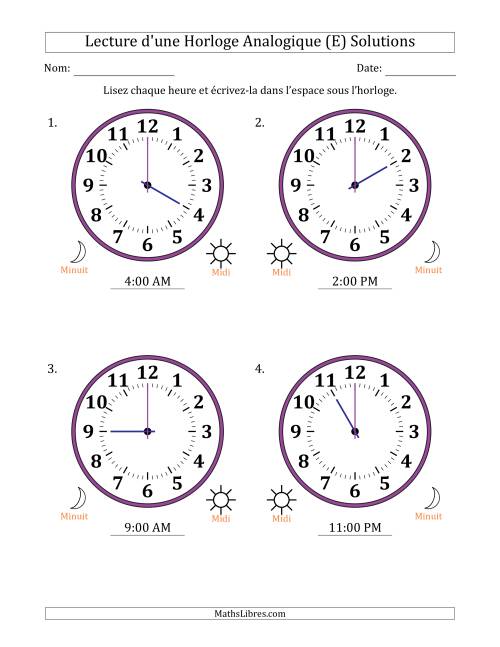 Lecture de l'Heure sur Une Horloge Analogique utilisant le système horaire sur 12 heures avec 1 Heures d'Intervalle (4 Horloges) (E) page 2