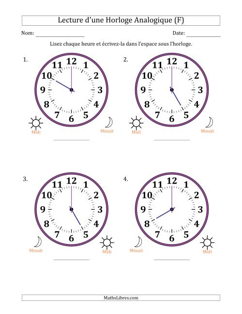 Lecture de l'Heure sur Une Horloge Analogique utilisant le système horaire sur 12 heures avec 1 Heures d'Intervalle (4 Horloges) (F)