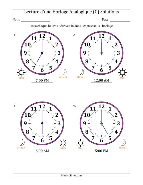 Lecture de l'Heure sur Une Horloge Analogique utilisant le système horaire sur 12 heures avec 1 Heures d'Intervalle (4 Horloges) (G) page 2