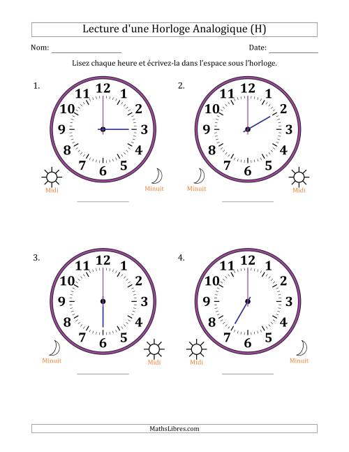Lecture de l'Heure sur Une Horloge Analogique utilisant le système horaire sur 12 heures avec 1 Heures d'Intervalle (4 Horloges) (H)