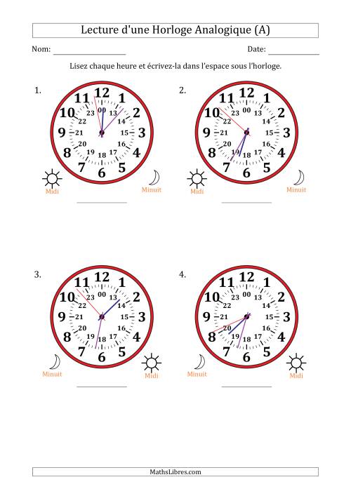 Lecture de l'Heure sur Une Horloge Analogique utilisant le système horaire sur 24 heures avec 1 Secondes d'Intervalle (4 Horloges) (A)