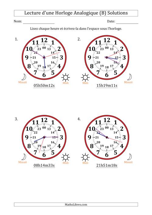 Lecture de l'Heure sur Une Horloge Analogique utilisant le système horaire sur 24 heures avec 1 Secondes d'Intervalle (4 Horloges) (B) page 2