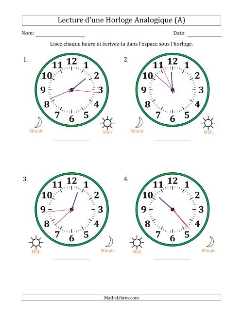 Lecture de l'Heure sur Une Horloge Analogique utilisant le système horaire sur 12 heures avec 1 Secondes d'Intervalle (4 Horloges) (A)