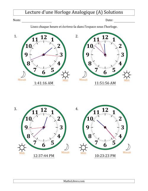 Lecture de l'Heure sur Une Horloge Analogique utilisant le système horaire sur 12 heures avec 1 Secondes d'Intervalle (4 Horloges) (A) page 2