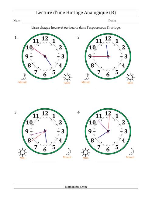 Lecture de l'Heure sur Une Horloge Analogique utilisant le système horaire sur 12 heures avec 1 Secondes d'Intervalle (4 Horloges) (B)
