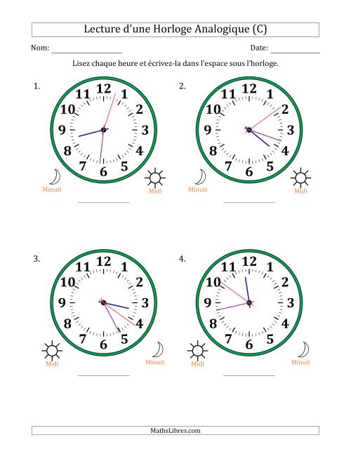 Lecture de l'Heure sur Une Horloge Analogique utilisant le système horaire sur 12 heures avec 1 Secondes d'Intervalle (4 Horloges) (C)