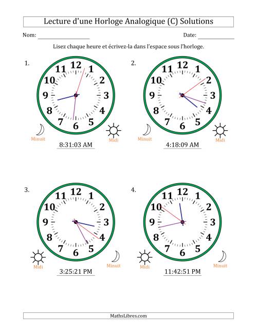 Lecture de l'Heure sur Une Horloge Analogique utilisant le système horaire sur 12 heures avec 1 Secondes d'Intervalle (4 Horloges) (C) page 2
