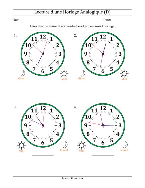 Lecture de l'Heure sur Une Horloge Analogique utilisant le système horaire sur 12 heures avec 1 Secondes d'Intervalle (4 Horloges) (D)
