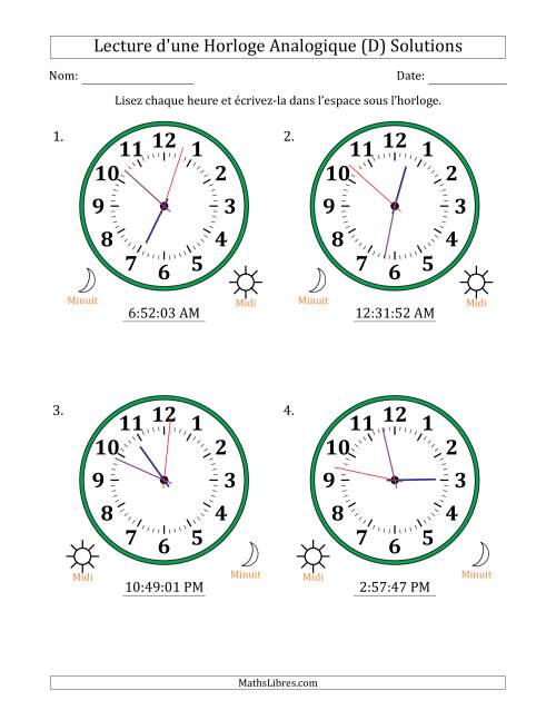Lecture de l'Heure sur Une Horloge Analogique utilisant le système horaire sur 12 heures avec 1 Secondes d'Intervalle (4 Horloges) (D) page 2