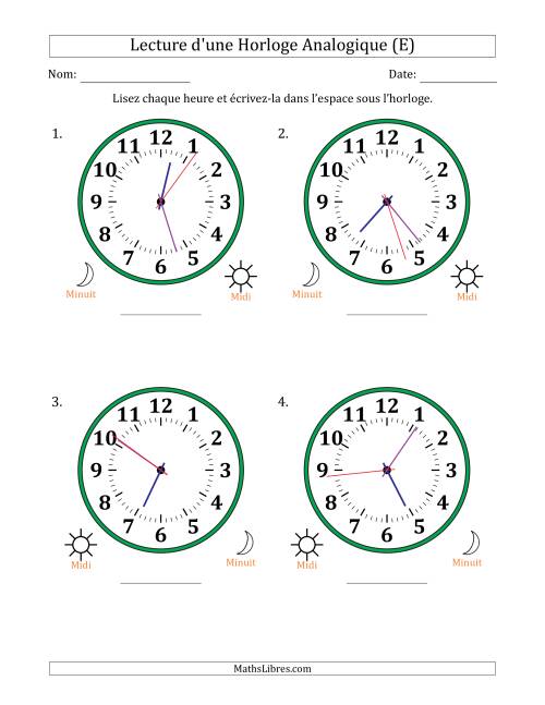 Lecture de l'Heure sur Une Horloge Analogique utilisant le système horaire sur 12 heures avec 1 Secondes d'Intervalle (4 Horloges) (E)