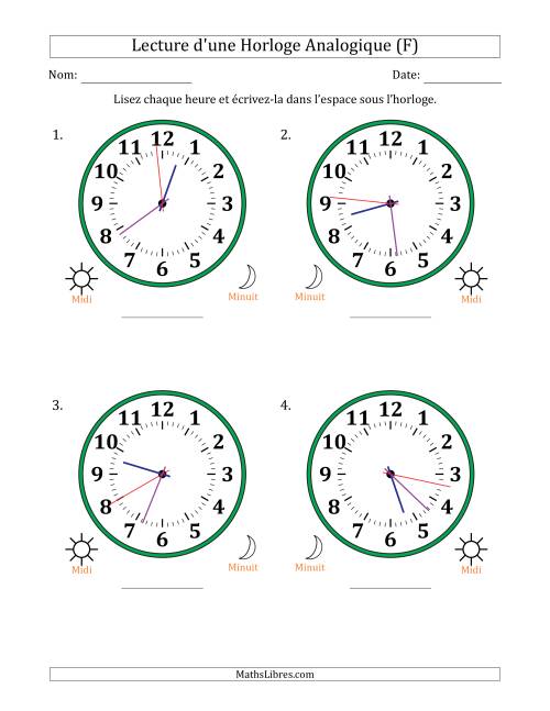 Lecture de l'Heure sur Une Horloge Analogique utilisant le système horaire sur 12 heures avec 1 Secondes d'Intervalle (4 Horloges) (F)