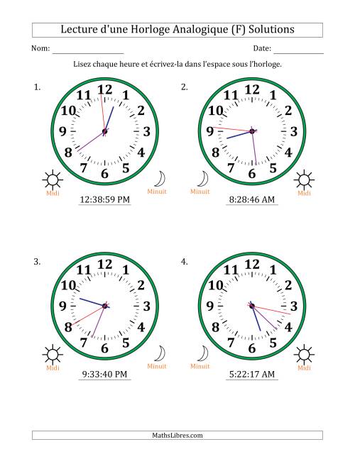 Lecture de l'Heure sur Une Horloge Analogique utilisant le système horaire sur 12 heures avec 1 Secondes d'Intervalle (4 Horloges) (F) page 2