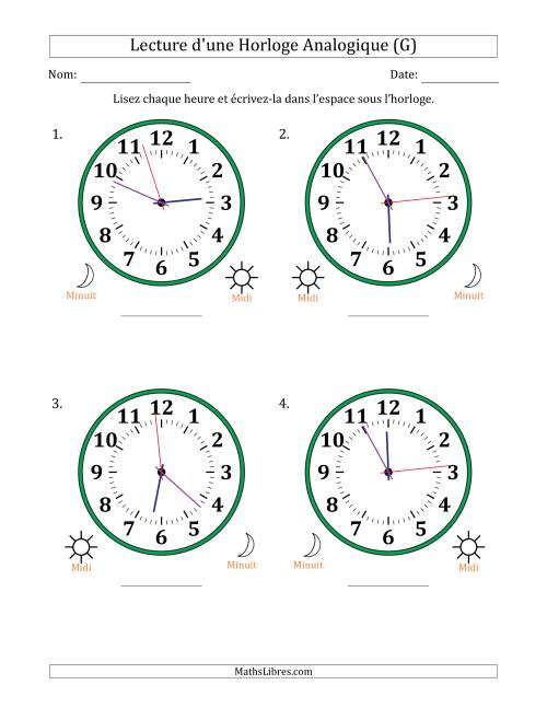 Lecture de l'Heure sur Une Horloge Analogique utilisant le système horaire sur 12 heures avec 1 Secondes d'Intervalle (4 Horloges) (G)