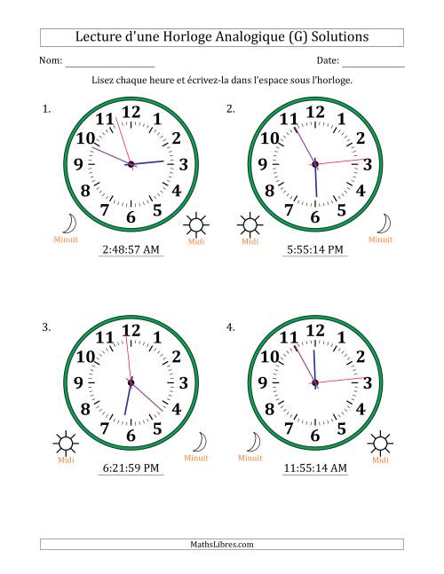 Lecture de l'Heure sur Une Horloge Analogique utilisant le système horaire sur 12 heures avec 1 Secondes d'Intervalle (4 Horloges) (G) page 2