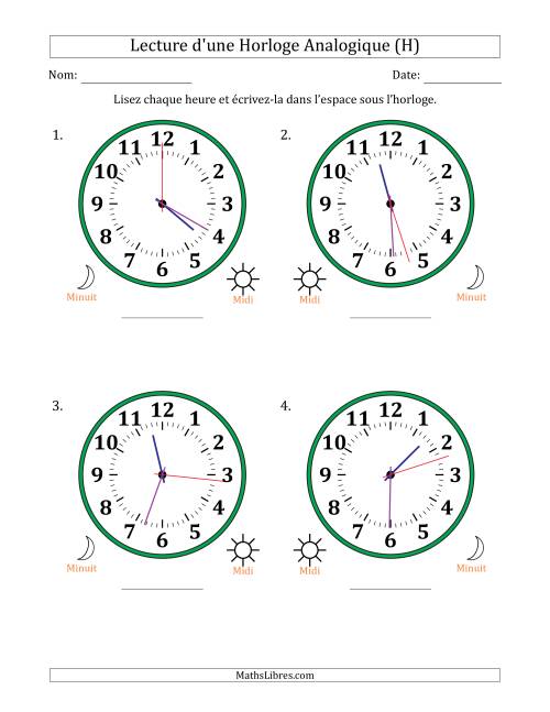 Lecture de l'Heure sur Une Horloge Analogique utilisant le système horaire sur 12 heures avec 1 Secondes d'Intervalle (4 Horloges) (H)