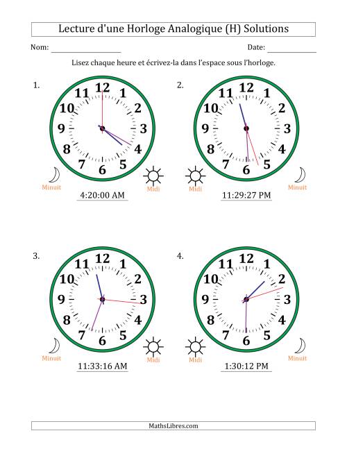 Lecture de l'Heure sur Une Horloge Analogique utilisant le système horaire sur 12 heures avec 1 Secondes d'Intervalle (4 Horloges) (H) page 2