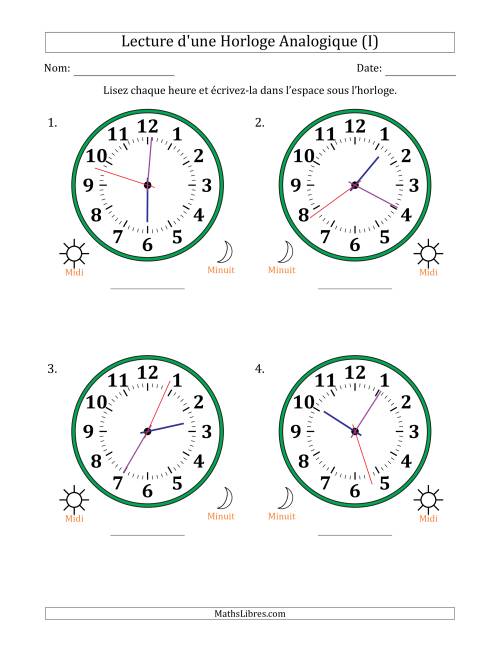 Lecture de l'Heure sur Une Horloge Analogique utilisant le système horaire sur 12 heures avec 1 Secondes d'Intervalle (4 Horloges) (I)