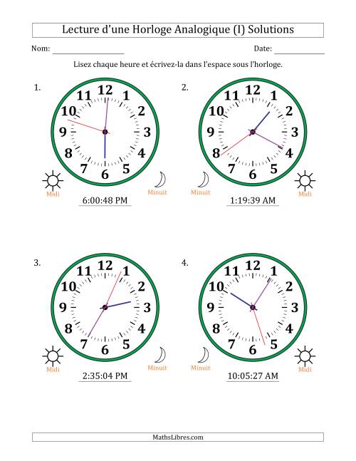 Lecture de l'Heure sur Une Horloge Analogique utilisant le système horaire sur 12 heures avec 1 Secondes d'Intervalle (4 Horloges) (I) page 2