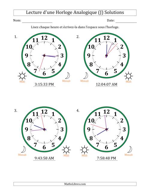Lecture de l'Heure sur Une Horloge Analogique utilisant le système horaire sur 12 heures avec 1 Secondes d'Intervalle (4 Horloges) (J) page 2
