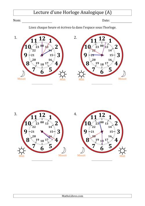 Lecture de l'Heure sur Une Horloge Analogique utilisant le système horaire sur 24 heures avec 5 Secondes d'Intervalle (4 Horloges) (A)