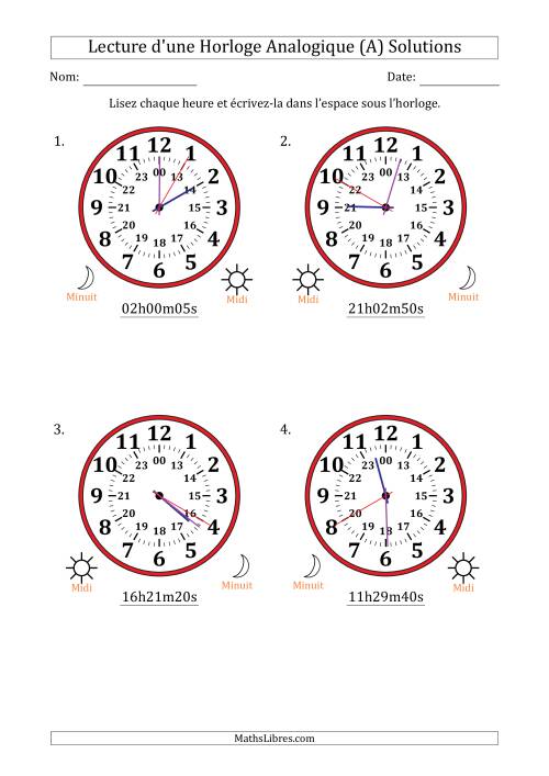 Lecture de l'Heure sur Une Horloge Analogique utilisant le système horaire sur 24 heures avec 5 Secondes d'Intervalle (4 Horloges) (A) page 2
