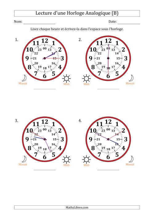 Lecture de l'Heure sur Une Horloge Analogique utilisant le système horaire sur 24 heures avec 5 Secondes d'Intervalle (4 Horloges) (B)