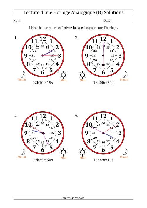 Lecture de l'Heure sur Une Horloge Analogique utilisant le système horaire sur 24 heures avec 5 Secondes d'Intervalle (4 Horloges) (B) page 2