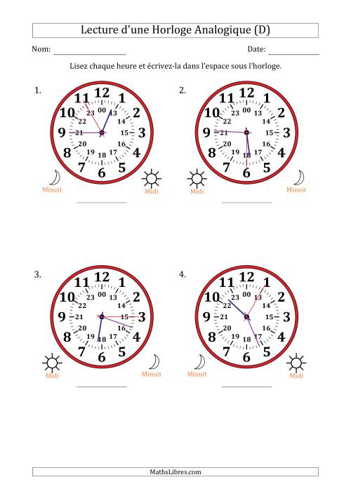 Lecture de l'Heure sur Une Horloge Analogique utilisant le système horaire sur 24 heures avec 5 Secondes d'Intervalle (4 Horloges) (D)