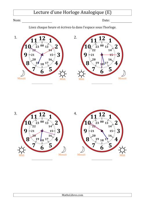 Lecture de l'Heure sur Une Horloge Analogique utilisant le système horaire sur 24 heures avec 5 Secondes d'Intervalle (4 Horloges) (E)