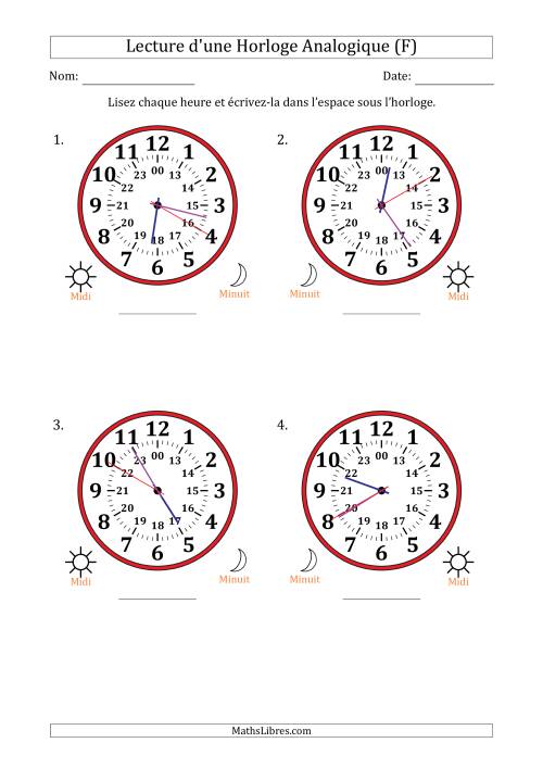 Lecture de l'Heure sur Une Horloge Analogique utilisant le système horaire sur 24 heures avec 5 Secondes d'Intervalle (4 Horloges) (F)