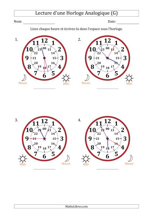 Lecture de l'Heure sur Une Horloge Analogique utilisant le système horaire sur 24 heures avec 5 Secondes d'Intervalle (4 Horloges) (G)