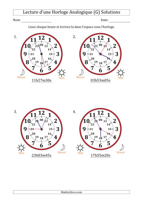 Lecture de l'Heure sur Une Horloge Analogique utilisant le système horaire sur 24 heures avec 5 Secondes d'Intervalle (4 Horloges) (G) page 2