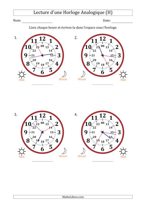 Lecture de l'Heure sur Une Horloge Analogique utilisant le système horaire sur 24 heures avec 5 Secondes d'Intervalle (4 Horloges) (H)