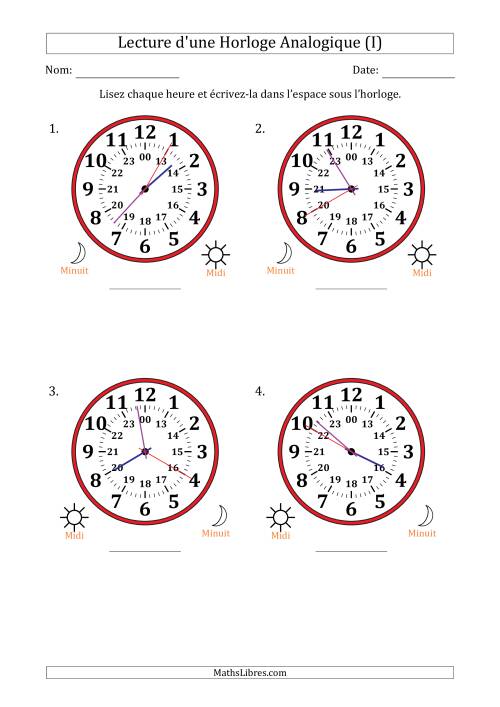 Lecture de l'Heure sur Une Horloge Analogique utilisant le système horaire sur 24 heures avec 5 Secondes d'Intervalle (4 Horloges) (I)