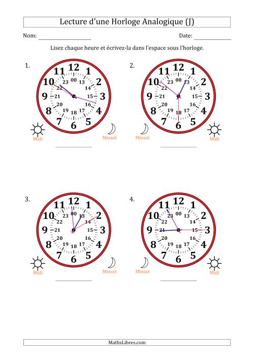 Lecture de l'Heure sur Une Horloge Analogique utilisant le système horaire sur 24 heures avec 5 Secondes d'Intervalle (4 Horloges) (J)