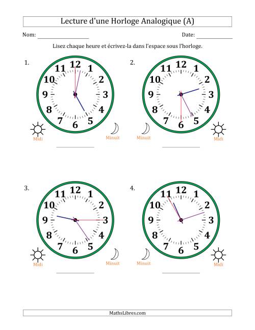 Lecture de l'Heure sur Une Horloge Analogique utilisant le système horaire sur 12 heures avec 5 Secondes d'Intervalle (4 Horloges) (A)