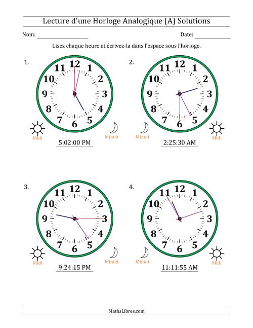 Lecture de l'Heure sur Une Horloge Analogique utilisant le système horaire sur 12 heures avec 5 Secondes d'Intervalle (4 Horloges) (A) page 2