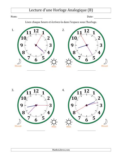 Lecture de l'Heure sur Une Horloge Analogique utilisant le système horaire sur 12 heures avec 5 Secondes d'Intervalle (4 Horloges) (B)
