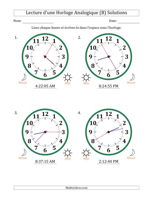 Lecture de l'Heure sur Une Horloge Analogique utilisant le système horaire sur 12 heures avec 5 Secondes d'Intervalle (4 Horloges) (B) page 2
