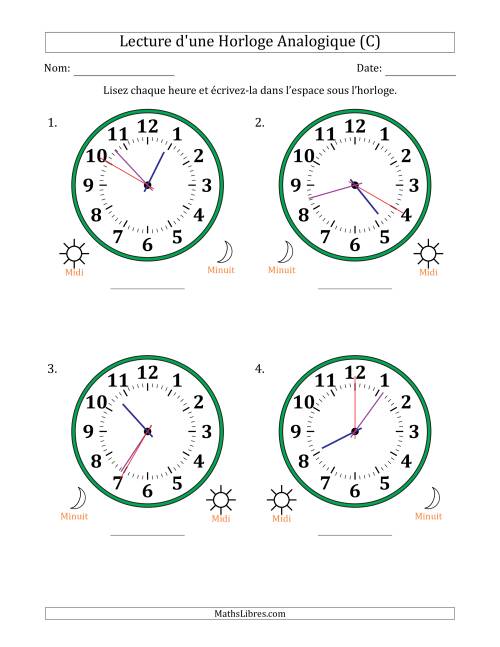 Lecture de l'Heure sur Une Horloge Analogique utilisant le système horaire sur 12 heures avec 5 Secondes d'Intervalle (4 Horloges) (C)