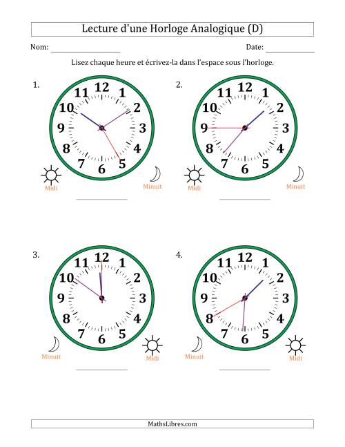 Lecture de l'Heure sur Une Horloge Analogique utilisant le système horaire sur 12 heures avec 5 Secondes d'Intervalle (4 Horloges) (D)