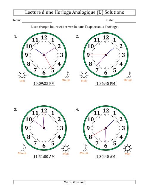 Lecture de l'Heure sur Une Horloge Analogique utilisant le système horaire sur 12 heures avec 5 Secondes d'Intervalle (4 Horloges) (D) page 2