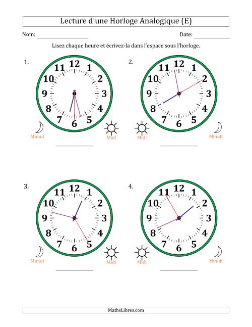 Lecture de l'Heure sur Une Horloge Analogique utilisant le système horaire sur 12 heures avec 5 Secondes d'Intervalle (4 Horloges) (E)