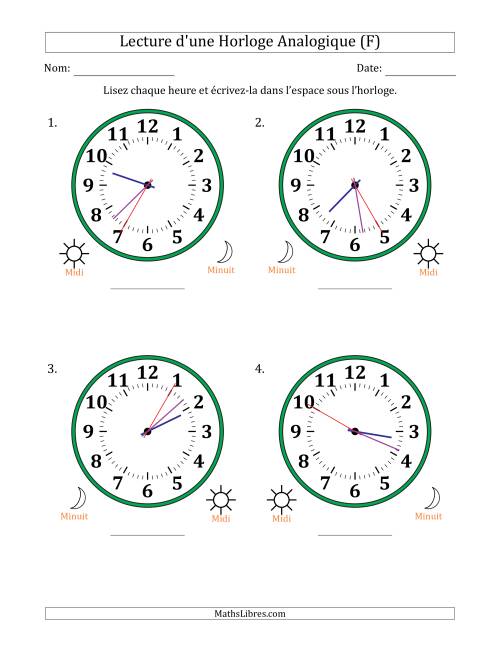 Lecture de l'Heure sur Une Horloge Analogique utilisant le système horaire sur 12 heures avec 5 Secondes d'Intervalle (4 Horloges) (F)
