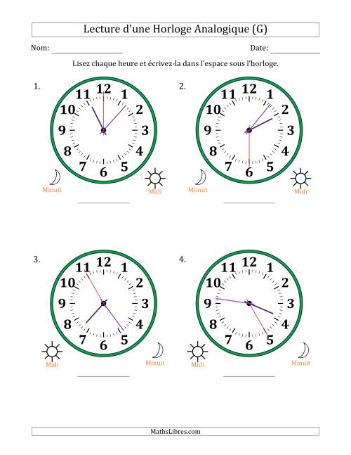 Lecture de l'Heure sur Une Horloge Analogique utilisant le système horaire sur 12 heures avec 5 Secondes d'Intervalle (4 Horloges) (G)