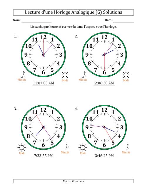 Lecture de l'Heure sur Une Horloge Analogique utilisant le système horaire sur 12 heures avec 5 Secondes d'Intervalle (4 Horloges) (G) page 2