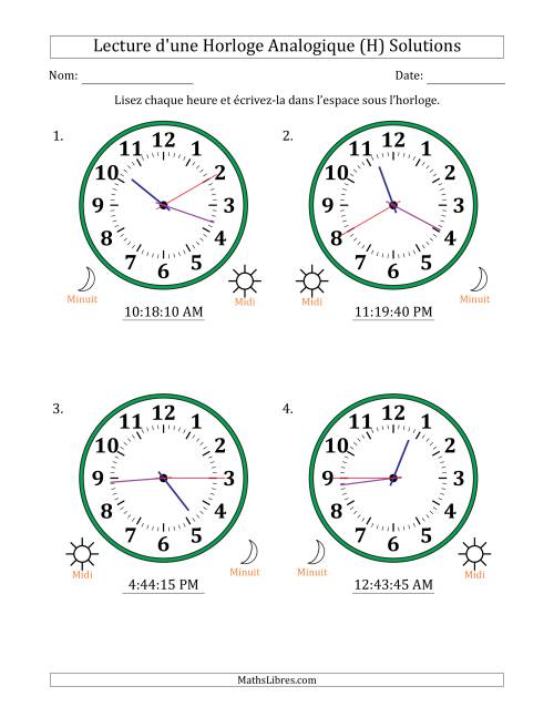 Lecture de l'Heure sur Une Horloge Analogique utilisant le système horaire sur 12 heures avec 5 Secondes d'Intervalle (4 Horloges) (H) page 2