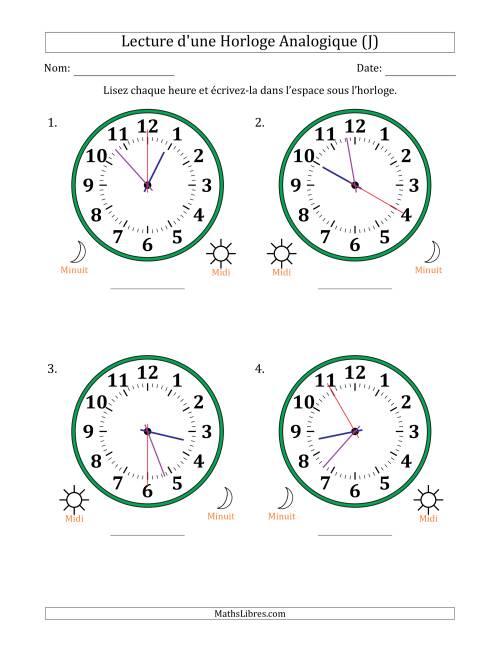 Lecture de l'Heure sur Une Horloge Analogique utilisant le système horaire sur 12 heures avec 5 Secondes d'Intervalle (4 Horloges) (J)