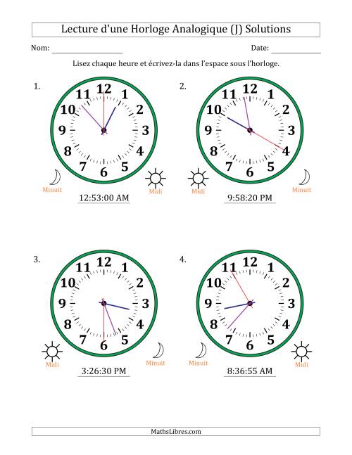 Lecture de l'Heure sur Une Horloge Analogique utilisant le système horaire sur 12 heures avec 5 Secondes d'Intervalle (4 Horloges) (J) page 2