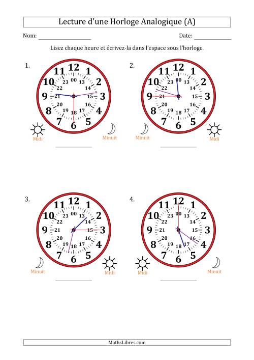 Lecture de l'Heure sur Une Horloge Analogique utilisant le système horaire sur 24 heures avec 15 Secondes d'Intervalle (4 Horloges) (A)